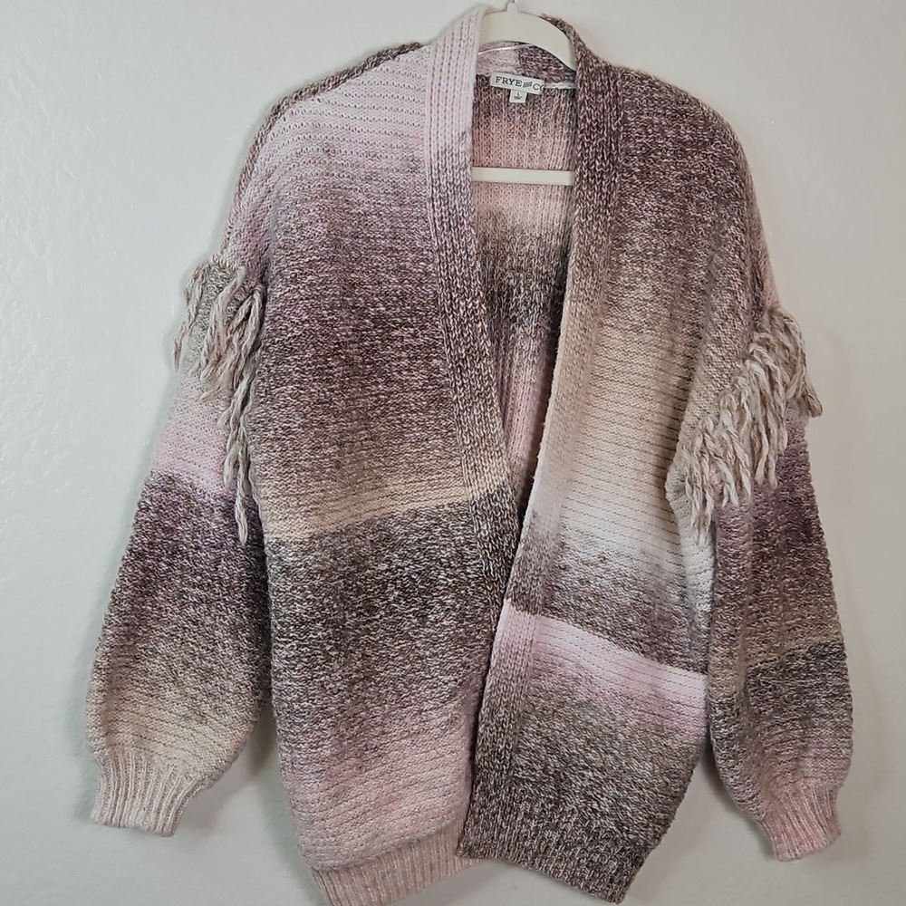 Frye & Co. Open Front Ombre Knit Cardigan Fringe Sleeve Women’s Size L